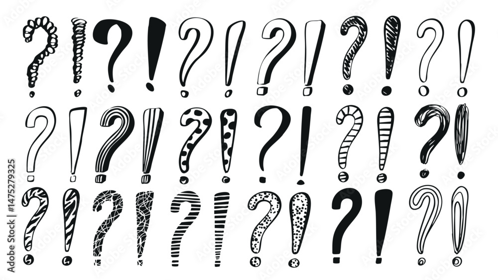 Aufkleber Exclamation and question marks set of marker brush stroke texture. Doodle handwriting elements with black punctuation symbols, attention, warning, idea, communication signs. Vector illustration.