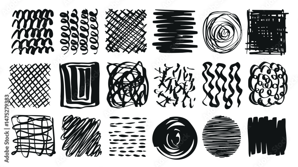 Fototapete scribble square and round shapes set of marker brush stroke texture. doodle handwriting elements wit
