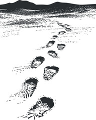 Black and white illustration of footprints in desert sand leading toward distant mountains under a clear sky. © vadymstock