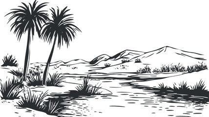 Black and white illustration of a desert landscape with palm trees, mountains, and sparse vegetation