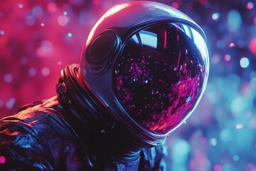 Astronaut in a vibrant, futuristic environment with neon lights and a cosmic backdrop during a space journey