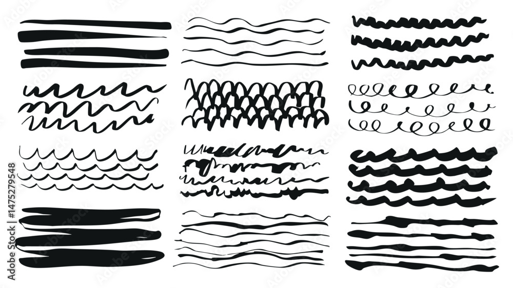 Poster handwriting underlines set of marker brush stroke texture. doodle elements with grunge black pen out