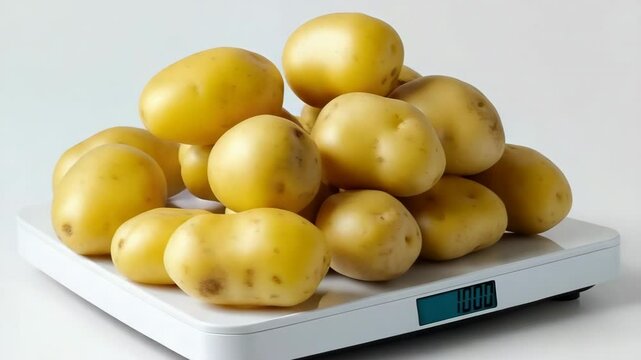 A white scale with a pile of potatoes on it. The scale reads 1 kg. The potatoes are yellow and appear to be fresh.