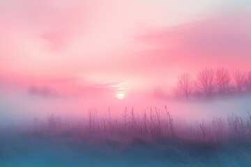Sunrise over a foggy landscape creates a serene atmosphere with soft pink hues and silhouettes of trees and grasses in the early morning light