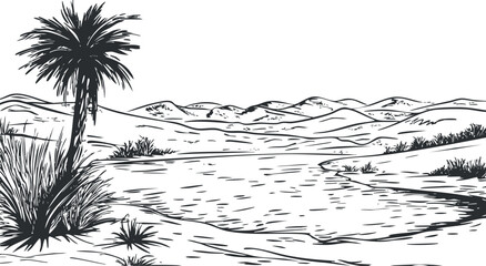 Black and white illustration of a desert oasis with palm trees, water, sand dunes, and sparse vegetation.