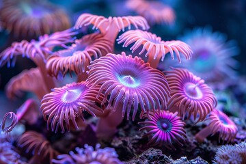 Close-up of vibrant pink and purple anemones in an underwater setting, showcasing their intricate textures and glowing colors.