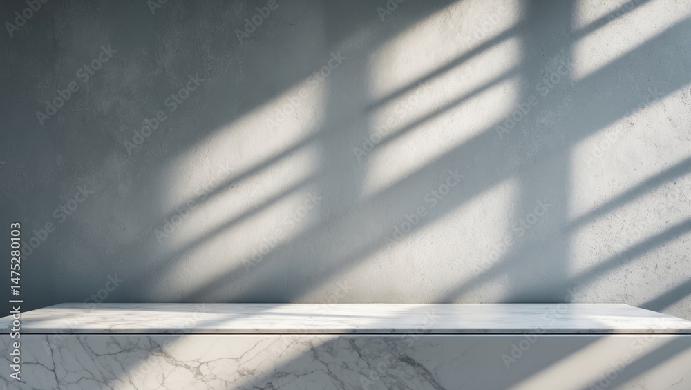 Poster product showcase setup with white marble tabletop on concrete wall textured backdrop, suitable for d