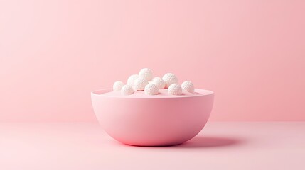 Pink bowl with white spheres on pink background. (1)