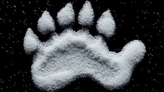 A large paw print formed from white snow on black background