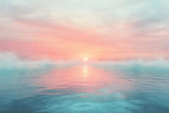 Sunrise over a foggy landscape creates a serene atmosphere with soft pink hues and silhouettes of trees and grasses in the early morning light - Powered by Adobe