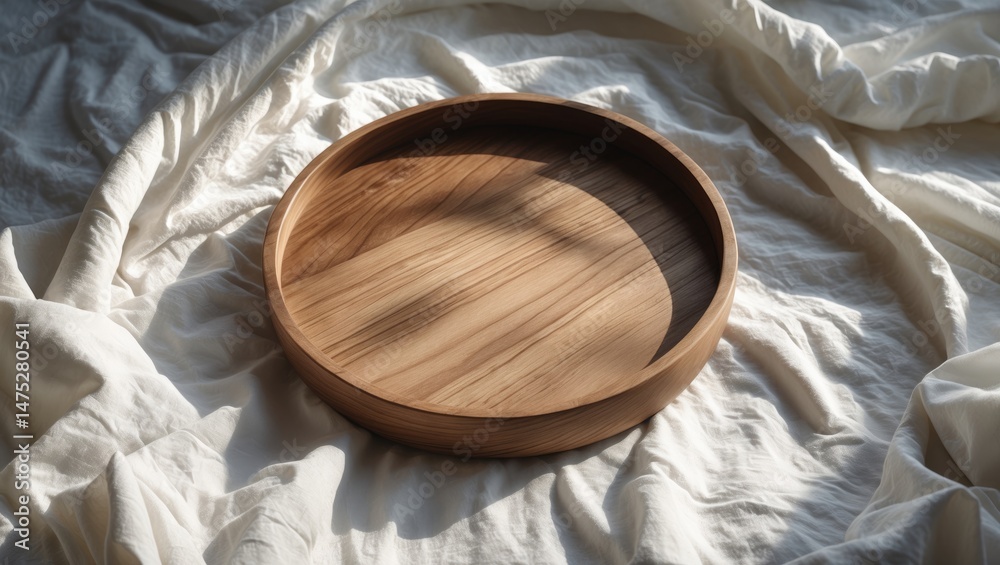 Poster wooden circular tray with brown color displayed from above on white crumpled background