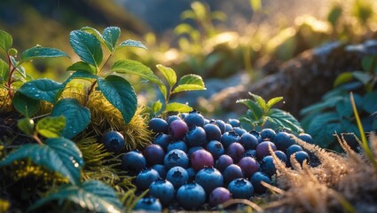 High-resolution image of wild blueberry bush with leaves, moss, and ripe berries in mountain nature, macro view of fresh fruits