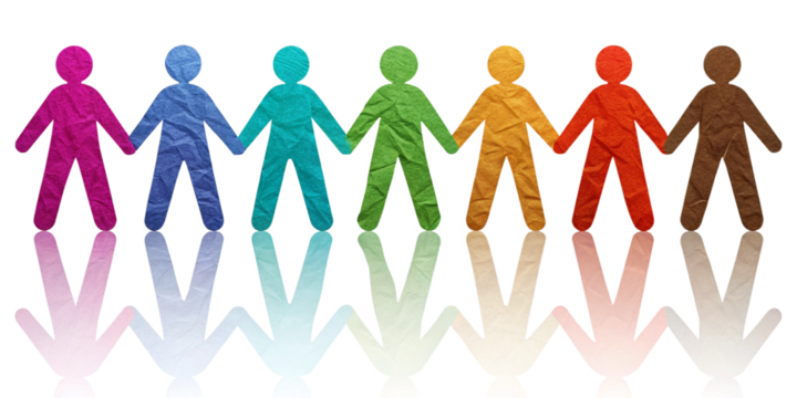 a cutout illustration of seven colorful paper figures holding hands in a row, with a reflective surface below isolated on white background.