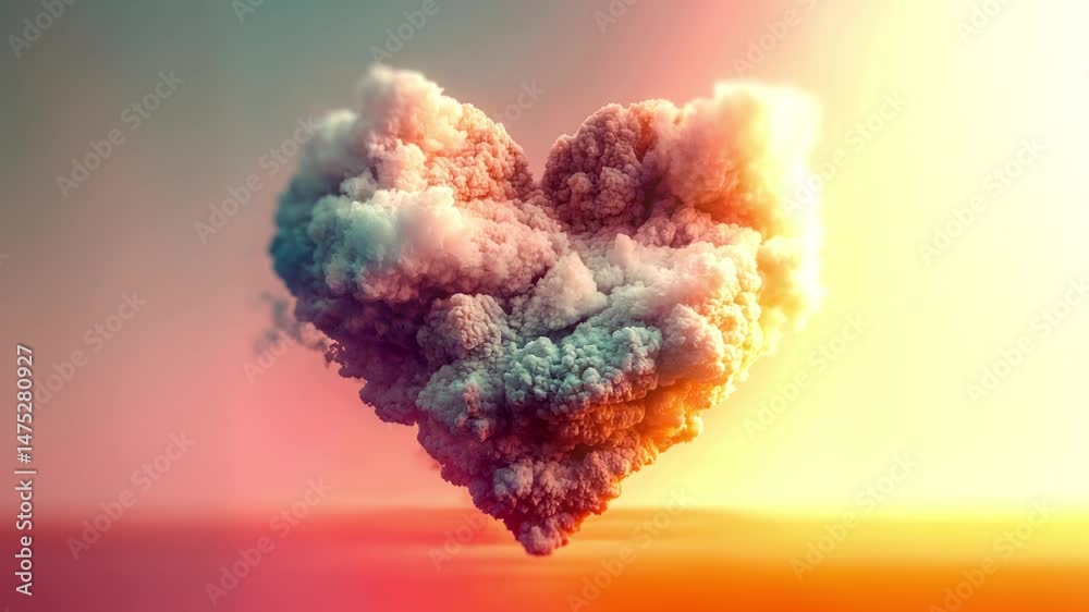 Aufkleber Digital animation of a heart-shaped cloud floating in the warm pastel colors of a sunset. The cloud is composed of fluffy details, the color gradient gently changes from soft pink to light blue