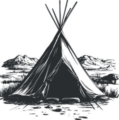 Black and white sketch of a traditional Native American tipi tent in a mountainous wilderness landscape. © vadymstock