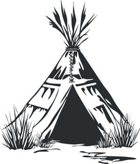 Black and white illustration of a traditional native teepee tent with grass and natural elements