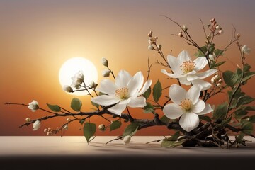  White cherry blossoms in artistic arrangement on sunset background