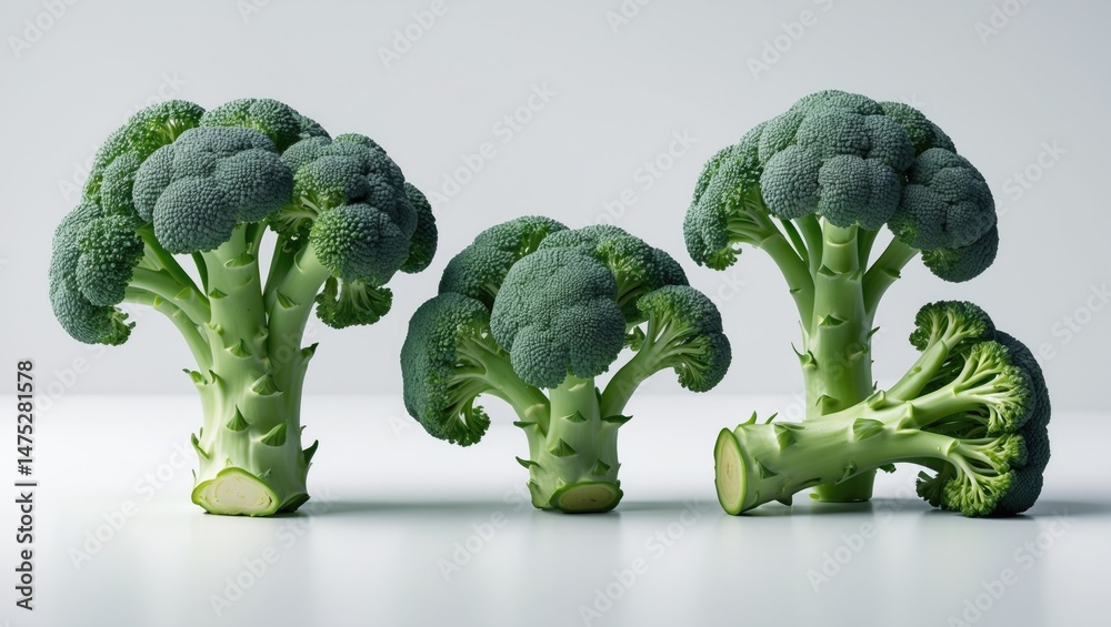 Poster Set of fresh broccoli visuals with a clean background and close-up detail