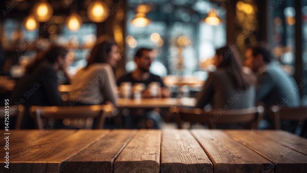 Poster dark background with a wood table top and golden lights creating a cozy cafe vibe in winter