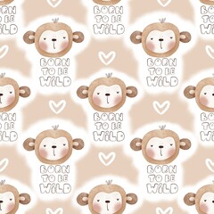 Seamless pattern with cartoon monkey, decor elements. colorful illustration for kids. hand drawing, flat style. baby design for fabric, print, textile, wrapper