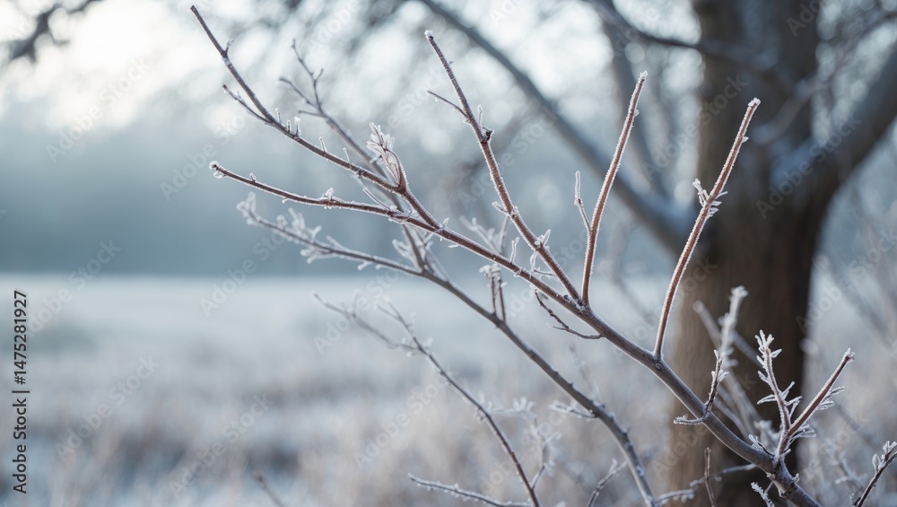 Poster frost delicately envelops the branches of a winter tree, crafting a serene and mystical atmosphere.