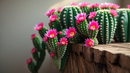 Obraz premium Colorful flowering cactus with pink blooms overflows from a wooden surface, showcasing vibrant colors and lush green foliage in a botanical display.
