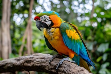 Obraz premium Colorful macaw parrot perched on tree branch in lush jungle habitat