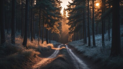 Naklejka premium Harmony Among Snow-Covered Pines: Welcoming the Crisp Elegance of a Winter Daybreak