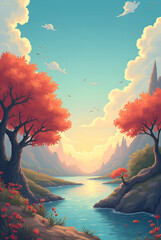vertical template with tropical beach at sunset with exotic flowers and rocks, summer vacation landscape