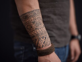Intricate tribal armband tattoo design on a forearm.