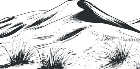 Obraz premium Black and white illustration of desert sand dunes with grass plants and natural landscape scenery
