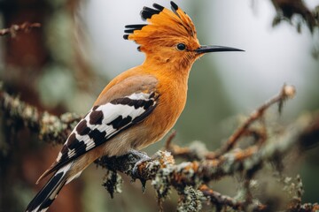 Striking Hoopoe Perched on Mossy Branch Close-up Bird Photography Wildlife Shot Orange Plumage Long Beak Crested Head Nature Scene