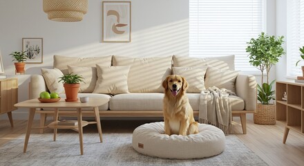 Obraz na płótnie Canvas Adorable Labrador dog sitting on pet bed at home