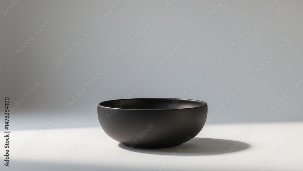 Poster zoomed-in view of a blank black ceramic bowl isolated on a backdrop with a clipping path.