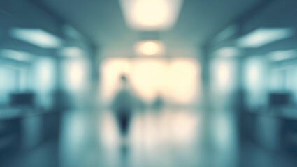 Spacious hospital hall with blurred interior, bright lighting, and abstract patterns