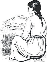Black and white illustration of a woman sitting on the ground looking at a mountain landscape in a peaceful natural setting.