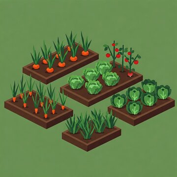 Isometric illustration of several garden beds with growing vegetables: carrots, cabbage, tomatoes and herbs on a green background.