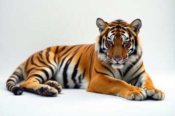Obraz premium Beautiful tiger lying peacefully on white surface, nature, majestic