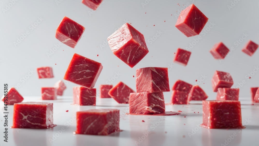 Poster Clipping path of falling meat cube, beef, on background with depth of field