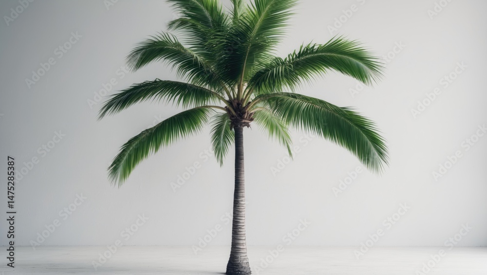 Poster vertical view of a lone palm or coconut tree with green foliage and abstract background