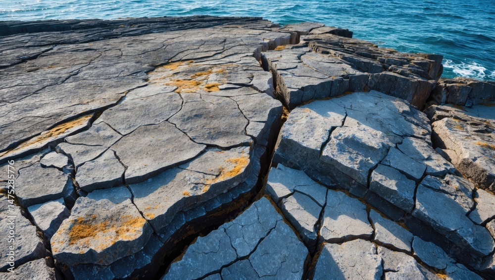Poster rough basalt surface with fractures and stones in a coastal landscape