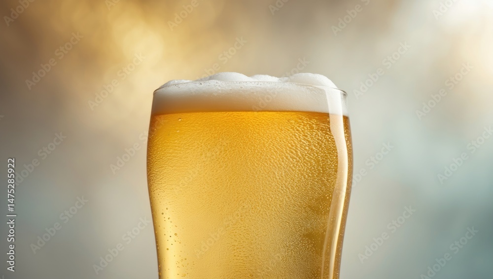 Poster macro shot of bubbling beer with foam on a glass surface