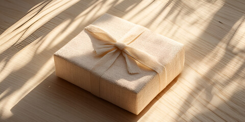 Gift Box on Wooden Table with Warm Lighting Background

