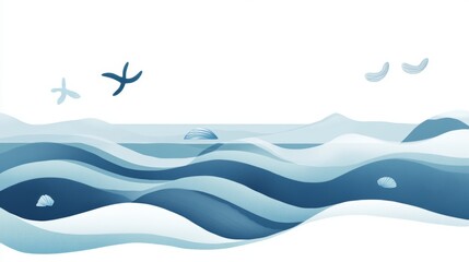 Delicate paper cutout silhouettes of starfish and seashells drifting across soft blue ocean wave, conveying peaceful marine scene with minimalist aesthetic