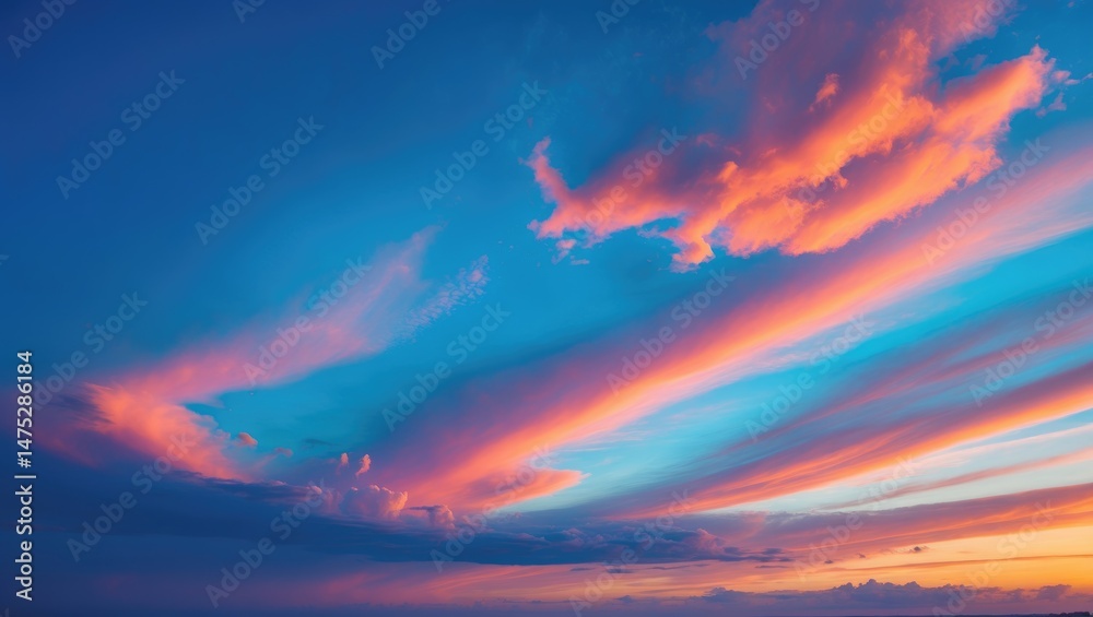 Poster sunset landscape with abstract orange and blue clouds in a dramatic sky setting