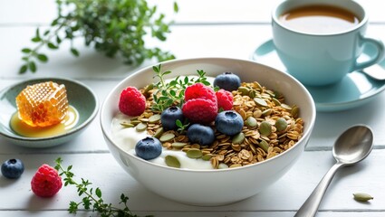 Vibrant breakfast spread including granola, muesli, pumpkin seeds, honey, yogurt, and fresh berries with a coffee cup on white background