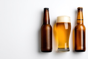 Brown Beer Bottles and Frothy Glass: A Crisp Minimalist Still Life