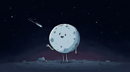 Cartoon moon character in a space scene with a shooting star.