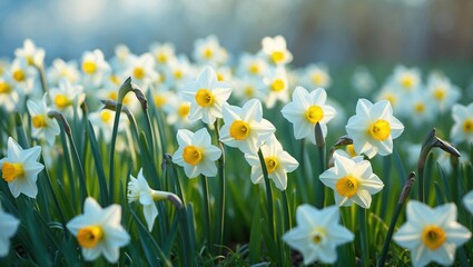 Outdoor spring landscape featuring white daffodils, flowers, and fresh plant life