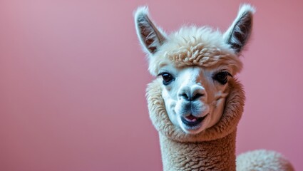 Obraz premium Vertical closeup of a woolly alpaca's face with teeth on pink background